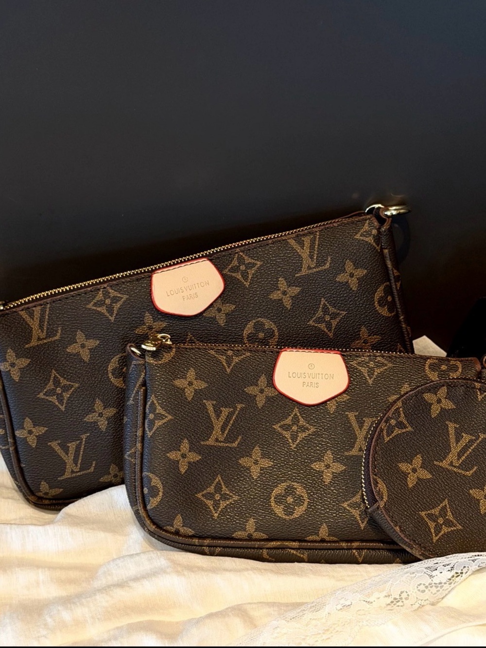 Louis Vuitton Monogram Pochette Trio in Brown with Beige Tabs